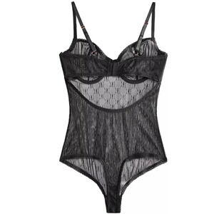 INC INTERNATIONAL CONCEPTS WOMENS MONOGRAM MESH BODYSUIT BLACK LOGO MEDIUM NEW